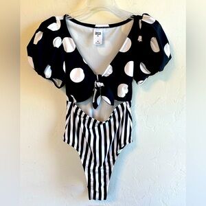 NWOT Tabitha Brown Retro Black & White Polka Dot/Stripe One-Piece Swimsuit Sz XS